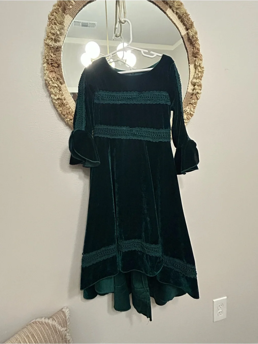Girls Emerald Velvet High-Low Party Dress with Lace Bands